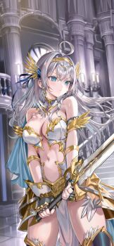 1girl absurdres ahoge alisa_mikhailovna_kujou armor armored_boots armored_dress bare_shoulders black_gloves blue_eyes blush boots breasts cleavage closed_mouth colorized cover cover_page dot_nose dress earrings female_focus fingerless_gloves gloves grey_hair highres holding holding_sword holding_weapon indoors jewelry large_breasts legs long_hair midriff momoko_(momopoco) navel novel_illustration official_art overskirt palace pelvic_curtain sleeveless solo stomach sword thighs third-party_edit tokidoki_bosotto_roshia-go_de_dereru_tonari_no_alya-san weapon white_pelvic_curtain
