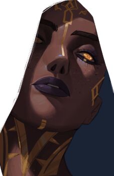 1girl arcane:_league_of_legends blue_background close-up dark-skinned_female dark_skin drugsandsocks facial_tattoo freckles from_below gold_tattoo highres hood hood_up league_of_legends mel_(league_of_legends) neck_tattoo negative_space no_pupils orange_eyes parted_lips purple_lips simple_background solo tattoo