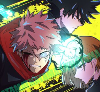 1girl 2boys aqua_eyes artist_name black_eyes black_flash_(jujutsu_kaisen) black_hair blood blood_from_mouth bloody_tears brown_eyes brown_hair clenched_hand clenched_teeth facial_mark fushiguro_megumi highres incoming_attack injury itadori_yuuji jujutsu_kaisen jujutsu_tech_uniform kugisaki_nobara looking_at_viewer multiple_boys one_eye_closed pink_hair school_uniform teeth thatamaan