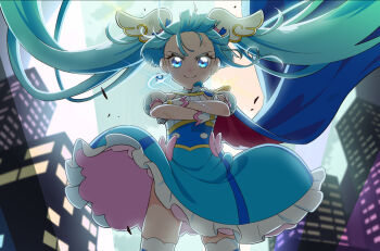 Rule 34 | 1girl, blue cape, blue dress, blue eyes, blue hair, bow, brooch, cape, city, closed mouth, clothes lift, commentary, cowboy shot, crossed arms, cure sky, cut bangs, detached sleeves, dress, dress bow, dress lift, earclip, earrings, fingerless gloves, frilled dress, frills, full moon, gloves, gunbuster pose, hair ornament, hirogaru sky! precure, jewelry, long hair, looking at viewer, magical girl, moon, night, outdoors, pink bow, precure, puffy detached sleeves, puffy sleeves, red cape, short dress, single earring, single sidelock, sleeveless, sleeveless dress, smile, solo, sora harewataru, sparkle, spotlight, standing, thighhighs, tiler (tiler00), twintails, two-sided cape, two-sided fabric, two-tone dress, very long hair, white dress, white gloves, white thighhighs, wind, wind lift, wing brooch, wing hair ornament