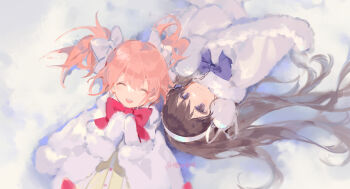 2girls ^_^ adapted_costume akemi_homura black_hair bow bowtie buttons chinese_commentary closed_eyes closed_mouth coat commentary_request day dot_nose earmuffs eyelashes fur-trimmed_coat fur-trimmed_sleeves fur_trim hair_between_eyes hair_bow hair_ribbon hair_spread_out hairband happy highres kaname_madoka light_blush long_hair long_sleeves looking_at_another lying mahou_shoujo_madoka_magica mahou_shoujo_madoka_magica_(anime) making-of_available mittens multiple_girls on_back open_clothes open_coat open_mouth outdoors own_hands_together pink_bow pink_bowtie pink_hair purple_bow purple_bowtie purple_eyes ribbon shadow shirt short_hair short_twintails smile snow teeth twintails upper_body upper_teeth_only very_long_hair waist_bow white_bow white_coat white_hairband white_mittens white_ribbon winter winter_clothes winter_coat yellow_shirt yingtao_shanhu