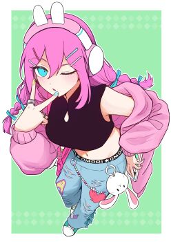 1girl ;o absurdres animal_charm animal_ear_headphones animal_ears aubrey_(birthday)_(omori) aubrey_(faraway)_(omori) aubrey_(omori) bare_shoulders belt black_belt black_shirt blue_bow blue_eyes blue_nails blue_pants blue_ribbon blush border bow braid cardigan cardigan_partially_removed charm_(object) clothes_writing clothing_cutout commentary_request converse copyright_name crop_top cropped_shirt cupcake_bunny_(omori) denim double-parted_bangs fake_animal_ears forest_bunny?_(omori) from_above full_body green_background green_shoes hair_between_eyes hair_bow hair_ornament hairclip hand_on_own_hip hand_up headphones highres inward_v jeans jewelry long_hair long_sleeves looking_at_viewer low_twin_braids midriff multicolored_nails nail_polish navel official_alternate_costume official_alternate_hairstyle omori one_eye_closed open_cardigan open_clothes open_mouth outline outside_border pants parallel_hairclips pink_cardigan pink_hair pink_nails puffy_long_sleeves puffy_sleeves rabbit_ear_headphones rabbit_ears rami_1300 ribbon ribbon-trimmed_pants ring shirt shoes sidelocks simple_background sleeveless sleeveless_shirt solo standing torn_clothes torn_jeans torn_pants twin_braids v v_over_mouth white_border white_outline yellow_nails