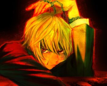 Rule 34 | 1boy, black background, black jacket, blonde hair, blood, bloody tears, commentary request, furrowed brow, glaring, hair between eyes, hand on own head, hunter x hunter, jacket, jewelry, korean commentary, kurapika, leeshoon0609, light frown, male focus, multiple rings, red eyes, ring, shirt, short hair, solo, suit jacket, tears, white shirt