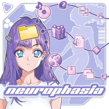 Rule 34 | 1990s (style), 1girl, album cover, album name, barcode, blue eyes, commentary, commission, cover, cyberpunk, cyborg, english commentary, faux retro artstyle, hair ornament, hairclip, highres, icon (computing), long hair, looking at viewer, original, outside border, parted lips, purple background, purple hair, purple theme, retro artstyle, science fiction, shirt, system st91, t-shirt, vaporwave, white shirt