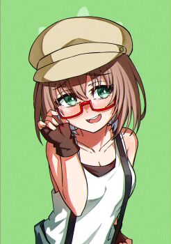 Rule 34 | 1girl, absurdres, bang dream!, bang dream! girls band party!, black gloves, blush, breasts, brown hair, brown hat, cleavage, commentary, fingerless gloves, glasses, gloves, green background, green eyes, hair between eyes, hat, highres, junji 17, medium breasts, medium hair, open mouth, red-framed eyewear, semi-rimless eyewear, solo, suspenders, tank top, teeth, under-rim eyewear, upper teeth only, white tank top, yamato maya