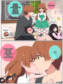 !? >_< 0_0 1boy 3girls :o ^^^ absurdres age_difference bed black_pants blunt_bangs blush brother_and_sister brown_hair bug cellphone child's_drawing clothes_writing curtains dress eleazarmikai english_text flying_sweatdrops full-face_blush green_dress green_eyes grey_shirt grey_sky hana_(eleazarmikai) head_only heart hetero highres holding holding_phone indoors kanna_(eleazarmikai) kiss leggings loli long_hair long_sleeves lying lying_on_lap mouth_hold multiple_girls nana_(eleazarmikai) navel on_back onii-chan_(eleazarmikai) open_mouth original panties panties_around_leg pants patch phone pinafore_dress pink_shirt shirt siblings sidelocks sisters sky sleeveless sleeveless_dress smartphone striped_clothes striped_leggings striped_shirt tickling tickling_stomach turtleneck turtleneck_shirt underwear white_leggings white_panties white_shirt window wkoma yellow_shirt