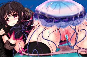 1girl animated animated_gif atela bent_over bestiality black_hair blush bottomless breasts brown_eyes elbow_pads from_behind game_cg hanging_breasts interspecies jellyfish monster mushi_no_kangoku nipples open_clothes open_shirt panties pussy pussy_juice shirt teasing tentacles thighhighs uncensored underwear vaginal water wet_clothes wet_panties