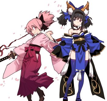 2girls absurdres akemi_homura animal_ears black_bow black_hair blue_kimono blue_thighhighs bow cosplay ebora fate/extra fate/grand_order fate_(series) fox_ears fox_girl fox_tail gudaguda_meiji_ishin hakama hakama_skirt highres japanese_clothes kaname_madoka katana kimono koha-ace long_hair mahou_shoujo_madoka_magica meiji_schoolgirl_uniform multiple_girls okita_souji_(fate) okita_souji_(first_ascension)_(fate) okita_souji_(koha-ace) okita_souji_(koha-ace)_(cosplay) pink_eyes pink_hair pink_kimono purple_eyes red_hakama ribbon saitou_chiwa skirt sword tail tamamo_no_mae_(fate) tamamo_no_mae_(fate)_(cosplay) thighhighs twintails voice_actor_connection weapon yuuki_aoi