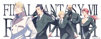 1girl 4boys adjusting_eyewear asymmetrical_bangs bald bindi black_gloves black_hair black_jacket black_pants black_shirt black_suit blonde_hair blue_eyes blush bob_cut buttons cellphone collarbone cowboy_shot earrings elena_(ff7) facial_hair facial_mark final_fantasy final_fantasy_vii final_fantasy_vii_remake fingerless_gloves formal_clothes gloves goatee goggles goggles_on_head grey_shirt grin hair_pulled_back hand_in_pocket high_collar highres holding holding_phone jacket jewelry long_hair low_ponytail multiple_boys multiple_earrings necktie open_collar pants parted_bangs parted_lips phone pocket_square pointing ponytail red_hair reno_(ff7) rude_(ff7) rufus_shinra shirt short_hair sideburns single_earring smile spiked_hair square_enix suit sunglasses sweatdrop t3_(19841230) talking_on_phone tseng turks_(ff7) twitter_username upper_body walking white_background white_jacket white_shirt