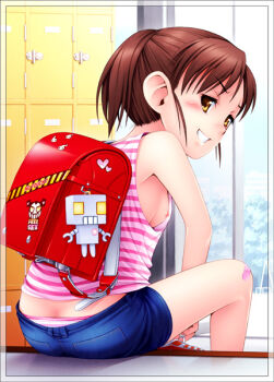 1girl ass backpack bag bandaid blue_shorts blush breasts brown_eyes brown_hair butt_crack caution_tape charm_(object) downpants female_focus from_behind grin heart leaning_forward locker loli looking_back naughty_face nipple_slip nipples no_bra noise_(tsuzuki) original panties panty_peek panty_slip ponytail randoseru robot shirt shoes short_hair short_shorts shorts sideboob sitting small_breasts smile sneakers solo stairs striped_clothes striped_panties striped_shirt tank_top underwear window yellow_eyes