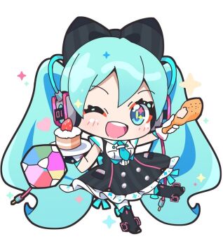 1girl :d ;d black_boots black_bow black_dress blue_eyes blue_hair blue_necktie blush boots bow cake chibi chibi_only chicken_(food) chicken_leg collared_shirt commentary_request double-parted_bangs dress food frilled_dress frills fruit full_body fuusen_neko gloves hair_between_eyes hair_bow hatsune_miku holding holding_food holding_plate knee_boots long_hair looking_at_viewer magical_mirai_(vocaloid) magical_mirai_miku magical_mirai_miku_(2016) necktie one_eye_closed open_mouth pantyhose pinafore_dress plate shirt short_sleeves simple_background sleeveless sleeveless_dress smile solo standing standing_on_one_leg strawberry striped_bow twintails vertical-striped_bow very_long_hair vocaloid white_background white_gloves white_pantyhose white_shirt