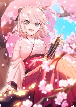 1girl ahoge cherry_blossoms commentary_request fate/grand_order fate_(series) fingernails grey_eyes hakama hakama_skirt highres japanese_clothes katana kimono okita_souji_(fate) okita_souji_(first_ascension)_(fate) okita_souji_(koha-ace) petals pink_hair pink_kimono sitting skirt sword tree uninu weapon