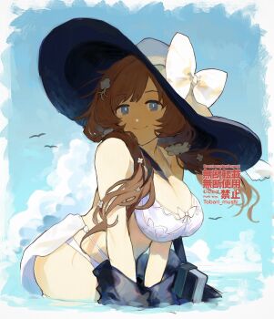 1girl between_breasts bikini blue_eyes book bow breasts brown_hair commentary_request flower granblue_fantasy hair_flower hair_ornament hat hat_bow highres large_breasts long_hair low_twintails raziel_(granblue_fantasy) raziel_(summer)_(granblue_fantasy) smile strap_between_breasts sun_hat swimsuit tobari_mushi twintails white_bikini