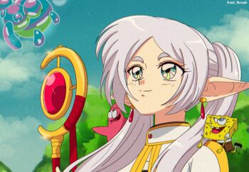 1girl brenni_murasaki capelet closed_mouth dress earrings elf floating_earrings frieren green_eyes grey_hair highres holding holding_staff jewelry long_hair long_sleeves mage_staff meme parted_bangs pointy_ears sousou_no_frieren spongebob_squarepants spongebob_squarepants_(series) staff teardrop_earrings twintails upward_angle_frieren_drawing_(meme) white_capelet white_hair