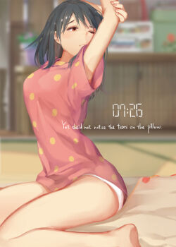 1girl arched_back armpits bad_id bad_pixiv_id bare_legs black_hair blurry blurry_background brown_eyes clock digital_clock english_text female_focus hair_down hana_mori highres indoors kimi_no_na_wa. looking_to_the_side miyamizu_mitsuha morning negative_space one_eye_closed panties polka_dot shadow short_sleeves sitting solo stretching tatami time underwear waking_up
