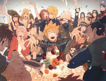 5girls 6+boys akamaru_(naruto) akatsuki_uniform birthday_cake black_gloves black_hair black_mask black_shirt blonde_hair blunt_bangs bowl_cut box breasts brown_hair cake child cleavage clenched_hand closed_eyes closed_mouth confetti dog facial_mark fingerless_gloves food forehead_mark gift gift_box gills gloves green_vest grey_hair grey_jacket grin hair_between_eyes hairband happy_birthday haruno_sakura headband headband_over_one_eye highres holding holding_party_popper hoshigaki_kisame hyuuga_hinata hyuuga_neji inuzuka_kiba jacket japanese_clothes large_breasts light_blush long_hair mask mouth_mask multiple_boys multiple_girls namikaze_minato nara_shikamaru naruto_(series) one_eye_closed open_mouth orange_hair parted_bangs party_popper pink_hair ponytail purple_hair red_jacket rock_lee ruri_kohaku_iro sarutobi_konohamaru shirt shizune_(naruto) short_hair smile sparkle spiked_hair streamers swept_bangs teeth tsunade_(naruto) uchiha_itachi uchiha_sasuke upper_body uzumaki_kushina uzumaki_naruto vest whisker_markings white_hairband white_jacket white_shirt