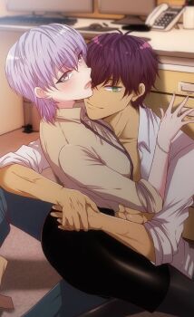 1boy 1girl abs black_pantyhose black_skirt bracelet brown_shirt character_request closed_mouth commentary computer_keyboard dark-skinned_male dark_skin desk earrings english_commentary enjelicious green_eyes grey_eyes hetero highres indoors jewelry love_method monitor muscular muscular_male office office_lady open_mouth pale_skin pantyhose pencil_skirt phone purple_hair shirt short_hair skirt smile white_shirt