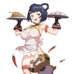 1girl :d absurdres alternate_breast_size apron steamed_bun bird blue_hair braid breasts chicken chili_pepper chinese_clothes convenient_censoring food frank_lee_(dfgh132) genshin_impact gloves guoba_(genshin_impact) highres medium_breasts mole mole_on_breast no_panties open_mouth panda plate simple_background smile sweat twin_braids white_background xiangling_(genshin_impact) yellow_eyes