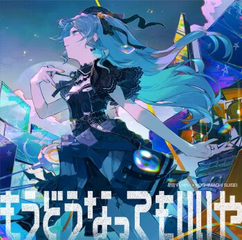 1girl aamond black_dress black_hat blue_hair colorful commentary_request dress hat highres hololive hoshimachi_suisei orange_nails television virtual_youtuber