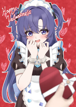 Rule 34 | alternate costume, apron, black dress, black halo, blue archive, blush, candy, chocolate, chocolate heart, commentary request, dress, enmaided, food, frilled apron, frilled dress, frills, halo, happy valentine, heart, heart-shaped food, heart background, highres, holding, holding chocolate, holding food, long hair, looking at viewer, maid, maid apron, maid headdress, mechanical halo, open mouth, pov, puffy short sleeves, puffy sleeves, purple eyes, purple hair, red background, short sleeves, two side up, valentine, white apron, wrist cuffs, yoshiki 3821, yuuka (blue archive)