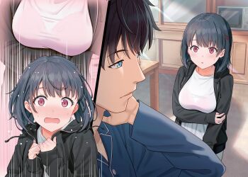 Rule 34 | 1boy, 1girl, absurdres, arm under breasts, black hair, blue eyes, blush, bob cut, bra visible through clothes, breasts, fumino kaede, hair ornament, hairclip, highres, hyuuga azuri, indoors, jacket, large breasts, looking at another, microwave, novel illustration, official art, open clothes, open jacket, open mouth, paneled background, parted lips, red eyes, second-party source, seiza, senpai jitaku keibiin no koyou wa ikaga desu ka, shirt, short hair, sitting, surprised, tamachi hajime, w arms, white shirt