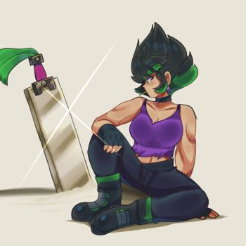 1girl absurdres black_hair blue_eyes choker edge_(mario_+_rabbids) full_body furry furry_female gloves green_hair highres holding humanization lueduar mario_(series) mario_+_rabbids_sparks_of_hope multicolored_hair nintendo personification raving_rabbids shirt sword torn_clothes weapon white_gloves