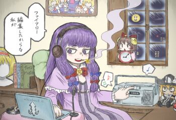 1girl @_@ alice_margatroid analog_clock ashtray blue_bow blunt_bangs blush book bow bseibutsu character_doll cigarette clock commentary_request computer cookie_(touhou) cowboy_shot doll dress flat_chest hair_bow hakurei_reimu headphones hinase_(cookie) ichigo_(cookie) indoors jigen_(cookie) kirisame_marisa laptop long_hair mars_(cookie) microphone multiple_hair_bows musical_note niconico nintendo open_mouth patchouli_knowledge pentagram poke_ball pokemon purple_dress purple_eyes purple_hair radio red_bow sakenomi_(cookie) sakuranbou_(cookie) sitting smile smiley_face smoking solo striped_clothes striped_dress taisa_(cookie) touhou translation_request vertical-striped_clothes vertical-striped_dress wig window