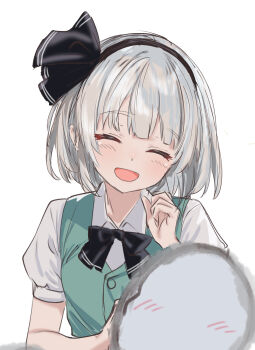 1girl ^_^ black_bow black_bowtie black_hairband blush bow bowtie closed_eyes commentary green_vest grey_hair hairband highres hitodama konpaku_youmu konpaku_youmu_(ghost) open_mouth shirt short_hair short_sleeves simple_background smile soara_shimomo solo touhou upper_body vest white_background white_shirt