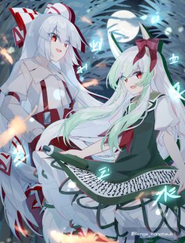 Rule 34 | 2girls, :d, bamboo, bamboo forest, bow, commentary request, dress, ex-keine, fang, forest, fujiwara no mokou, full moon, glowing feather, glowing symbol, green dress, green hair, grey shirt, hair bow, hands in pockets, highres, holding, holding scroll, horn bow, horn ornament, horns, kamishirasawa keine, long hair, long sidelocks, long sleeves, moon, multicolored hair, multiple girls, nature, neckerchief, night, night sky, open mouth, pants, puffy short sleeves, puffy sleeves, red bow, red eyes, red neckerchief, red pants, red suspenders, renge kanatsuki, scroll, shirt, short sleeves, sidelocks, sky, smile, star (sky), starry sky, touhou, two-tone hair, very long hair, white bow, white hair, white sleeves