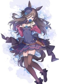 Rule 34 | 1girl, animal ears, bare shoulders, black thighhighs, blue dress, blue flower, blue hat, blue rose, blush, breasts, brown hair, commentary request, dagger, dress, fascinator, flipped hair, flower, fur choker, hair over one eye, hat, hat flower, highres, holding, holding flower, horse ears, horse girl, horse tail, knife, long hair, long sleeves, looking at viewer, mola mola, off-shoulder dress, off shoulder, purple eyes, rice shower (rosy dreams) (umamusume), rice shower (umamusume), rose, sheath, sheathed, small breasts, solo, tail, thighhighs, tilted headwear, umamusume, weapon
