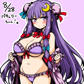 1girl anime_coloring bikini blue_bow blunt_bangs blush bow bun_cover chirisazame1 closed_mouth commentary cowboy_shot crescent crescent_hair_ornament dated double_bun frilled_bikini frills groin hair_bow hair_bun hair_ornament long_hair looking_at_viewer navel outline patchouli_knowledge purple_background purple_bikini purple_eyes red_bow sidelocks simple_background solo sweatdrop swimsuit touhou white_outline