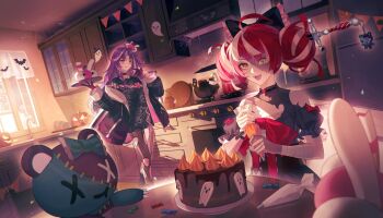 2girls :d :q ahoge baking bandaid_on_wrist bare_shoulders black_bow black_choker black_gloves black_jacket black_shirt black_thighhighs blush bow bowl braid cabinet cake candy choker clothing_cutout collarbone commentary counter diamond-shaped_pupils diamond_(shape) dishes double_bun english_commentary evening eye_print fangs faucet fishnet_thighhighs fishnets flat_chest food frilled_sleeves frills gloves grey_skirt hair_bow hair_bun halloween hands_up heterochromia highres holding holding_pastry_bag holding_tray hololive hololive_indonesia indie_virtual_youtuber indoors jacket jacket_partially_removed jared_(michi_mochievee) kitchen kureiji_ollie kureiji_ollie_(1st_costume) long_hair long_sleeves looking_at_food looking_at_viewer michi_mochievee mismatched_pupils multicolored_hair multiple_girls open_clothes open_jacket open_mouth oven pastry_bag plate pocket print_shirt pumpkin purple_hair red_bow red_eyes red_hair shirt short_sleeves shoulder_cutout silk sink skirt smile spider_web standing stitched_face stitches stove stuffed_animal stuffed_toy sword symbol-shaped_pupils table teddy_bear teeth thighhighs tongue tongue_out torn_clothes torn_shirt torn_thighhighs tray two-tone_hair udin_(kureiji_ollie) upper_teeth_only virtual_youtuber weapon white_hair white_skirt white_streaks window x-shaped_pupils xiisalt yellow_eyes zipper zombie