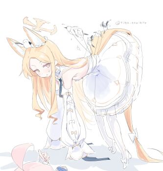 2girls absurdres animal_ears bird blonde_hair blue_archive candy_moon777 character_request check_character commentary_request cross_halo detached_sleeves dress floating flower flying_sweatdrops fox_ears fox_girl full_body hair_flower hair_ornament halo highres hoshino_(blue_archive) long-tailed_tit long_hair multiple_girls pink_eyes seia_(blue_archive) simple_background sleeveless sleeveless_dress sleeves_past_fingers sleeves_past_wrists solo_focus tit_(bird) twitter_username white_background white_bird white_dress yellow_halo