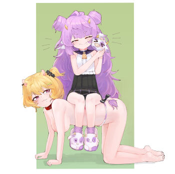 >_< 2girls all_fours animal_ears ass blush bow breasts collar cow_ears cow_tail double_bun eimi_isami feet hair_bun hair_ornament hairclip hamster_ears highres horns loli long_hair medium_breasts mini_moo mole multiple_girls muu_muyu neck_bell nude ok1teru orange_hair phase_connect pink_eyes purple_hair scrunchie shirt short_hair simple_background sleeveless sleeveless_shirt slippers smile tail very_long_hair virtual_youtuber