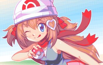 1girl black_dress blue_eyes brown_hair closed_mouth commentary cosplay dawn_(pokemon) dawn_(pokemon)_(cosplay) dress english_commentary hair_between_eyes hair_ornament hat heart heart_hair_ornament highres holding holding_poke_ball long_hair neuro-sama nintendo one_eye_closed poke_ball pokemon red_scarf scarf solo tongue tongue_out two_side_up uniii_draws upper_body vedal_ai white_hat