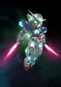 absurdres cable chibi commentary dark_background dual_wielding energy_sword full_body glowing glowing_eyes green_eyes gundam gundam_00 gundam_exia highres holding holding_sword holding_weapon light_particles mecha mobile_suit no_humans robot science_fiction sd_gundam solo sword v-fin weapon zakuma