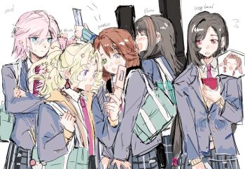 :o aerith_gainsborough alternate_costume bag black_hair blonde_hair blue_eyes blue_jacket brown_hair cellphone character_doll closed_mouth crossed_arms doll earrings final_fantasy final_fantasy_vi final_fantasy_vii final_fantasy_x final_fantasy_xii flip_phone flying_sweatdrops green_eyes hair_ornament happy heterochromia holding holding_phone in-franchise_crossover jacket jewelry lightning_farron long_hair moogle multiple_girls open_mouth phone pink_hair ponytail purple_eyes red_eyes rinoa_heartilly school_bag school_uniform shen_0012 skirt standing tifa_lockhart tina_branford yuna_(ff10)