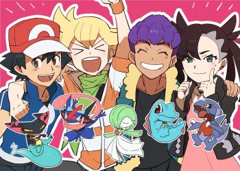 &gt;_&lt; 1girl 3boys :d arm_up ash-greninja ash_ketchum asymmetrical_bangs barry_(pokemon) baseball_cap black_choker black_hair black_jacket black_pants black_shirt blonde_hair blue_jacket brown_eyes choker closed_eyes commentary_request dark-skinned_male dark_skin dragapult dress earrings fur-trimmed_jacket fur_trim gabite gardevoir gen_2_pokemon gen_3_pokemon gen_4_pokemon gen_6_pokemon gen_8_pokemon green_eyes green_scarf greninja hair_ribbon hat hop_(pokemon) jacket jewelry marnie_(pokemon) morio_(poke_orio) multiple_boys nintendo no_feet open_clothes open_jacket open_mouth outline pants pink_dress pokemon pokemon_(anime) pokemon_(creature) pokemon_dppt pokemon_swsh pokemon_xy_(anime) popped_collar purple_hair red_headwear red_ribbon ribbon scarf shirt short_hair short_sleeves smile striped_clothes striped_jacket teeth totodile upper_teeth_only |d