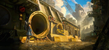 1girl absurdres black_hair blue_archive blue_shirt blue_skirt blue_sky bright_pupils closed_mouth cloud commentary_request crane_(machine) dirty dirty_clothes dirty_face double-flo expressionless factory gun halo highres holding holding_gun holding_weapon industrial knee_pads leaf leaf_on_head miyu_(blue_archive) mud pantyhose red_eyes rifle scenery school_uniform serafuku shirt shoes sign single_knee_pad skirt sky sneakers sniper_rifle solo straight_hair traffic_cone unused_tire warning_sign weapon white_pantyhose white_pupils white_shoes wide_shot