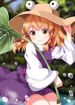 1girl blonde_hair blurry brown_hat commentary_request depth_of_field hair_ribbon hat highres holding holding_leaf leaf long_hair long_sleeves looking_at_viewer moriya_suwako outdoors purple_skirt purple_vest red_ribbon ribbon ruu_(tksymkw) skirt smile solo touhou tress_ribbon vest water_drop wide_sleeves yellow_eyes