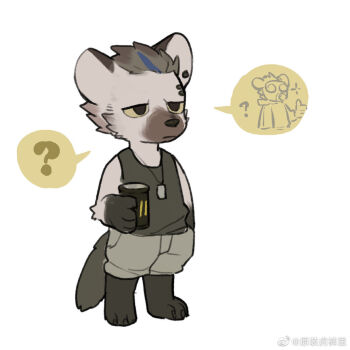 1boy ? arknights barefoot black_hair black_tank_top chibi chinese_commentary claws commentary_request curious diffraction_spikes animal_nose dog_tags eyebrow_piercing face_piercing furry furry_male gas_mask grey_fur grey_shorts hand_in_pocket holding hyena_boy hyena_ears hyena_tail jewelry looking_to_the_side male_focus mask milkybot necklace piercing shorts spoken_question_mark spot_(arknights) spot_(sulfur)_(arknights) tank_top thumbs_up watermark weibo_watermark white_background