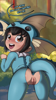 1girl absurdres anal anal_beads anal_object_insertion anal_tail animal_hood anus ass bent_over black_hair blush brown_eyes butt_plug cleft_of_venus cosplay cowboy_shot english_text fake_tail female_focus fins fish_tail from_behind g_reaper gen_1_pokemon highres hood leaning_forward loli looking_at_viewer looking_back nintendo object_insertion onesie open_mouth paw_pose poke_kid_(pokemon) pokemon pokemon_swsh pussy sex_toy short_hair solo speech_bubble tail teeth thighs tongue uncensored upper_teeth_only vaporeon vaporeon_(cosplay)