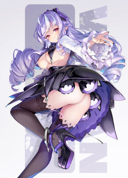 1girl black_panties black_pantyhose black_shoes breasts buttcrack closed_mouth commentary drill_hair english_text highres hong_(white_spider) long_hair long_sleeves looking_at_viewer looking_back medium_breasts mole mole_under_eye narrowed_eyes panties pantyhose patreon_username pointy_ears purple_hair red_eyes sexually_suggestive shoes solo thighhighs thrusters topless_female umbrella underwear upskirt variant_set vivian_banshee zenless_zone_zero