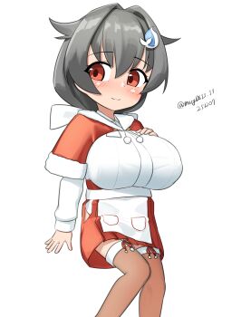 1girl absurdres aged_down apron breasts brown_thighhighs capelet commentary_request fur-trimmed_capelet fur-trimmed_thighhighs fur_trim grey_hair hair_flaps hair_ornament highres jingei_(christmas)_(kancolle) jingei_(kancolle) kantai_collection large_breasts long_hair looking_at_viewer maru_(marg0613) one-hour_drawing_challenge oppai_loli red_capelet red_eyes simple_background solo thighhighs twitter_username whale_hair_ornament white_apron white_background