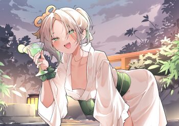 1girl :d absurdres airenif alcohol alternate_costume bathrobe bent_over breasts bush cecilia_immergreen cocktail_glass cup downblouse drink drinking_glass green_eyes highres hololive hololive_english ice ice_cube lantern looking_at_viewer onsen open_mouth outdoors robe small_breasts smile solo virtual_youtuber white_hair white_robe winding_key