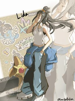 1girl black_eyes black_hair black_pants blue_jacket bo_(bouillustration) bracelet breasts closed_mouth clothes_around_waist commentary_request cube_hair_ornament eyelashes gen_1_pokemon hair_ornament hand_in_pocket hand_on_own_face headphones highres jacket jacket_around_waist jewelry lida_(pokemon) long_hair mega_stone nintendo pants pokemon pokemon_(creature) pokemon_legends:_z-a shoes smile speaker staryu tank_top twitter_username white_shoes white_tank_top zoom_layer
