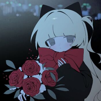 1girl black_bow black_shirt blonde_hair blunt_bangs bouquet bow closed_mouth empty_eyes expressionless flower grey_eyes hair_bow hair_intakes hand_on_own_chest holding holding_bouquet long_hair lying on_side original red_flower red_rose red_scarf rose sakakiai scarf scarf_bow shirt sleeves_past_wrists solo upper_body