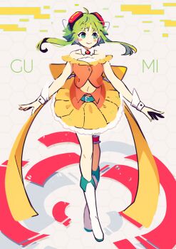 Rule 34 | 1girl, back bow, blush stickers, boots, bow, collarbone, detached collar, full body, garter belt, goggles, goggles on head, green eyes, green hair, gumi, hikusa, knee boots, looking to the side, miniskirt, navel, off shoulder, orange bow, orange shirt, orange skirt, outstretched arms, shirt, short hair with long locks, skirt, smile, solo, spread arms, vocaloid, white boots