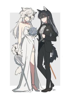 2girls animal_ears arknights black_hair black_jacket black_pants black_vs_white blood blood_on_clothes blood_on_face bouquet breasts bride carrying commentary dress female_focus flower full_body grey_vest groom hair_ornament hairclip heart highres holding holding_bouquet jacket korean_text lappland_(arknights) long_hair multiple_girls one_eye_closed open_mouth pants parallel_hairclips princess_carry scar scar_across_eye scar_on_face seri_(vyrlw) shoes strap tail texas_(arknights) thigh_strap translation_request untranslatable_commentary vest wedding_dress white_background white_dress white_hair white_shoes wife_and_wife wolf_ears wolf_girl wolf_tail yellow_eyes yuri