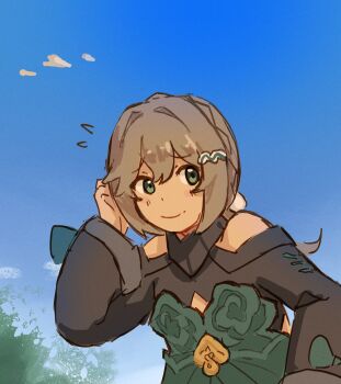 1girl bare_shoulders blue_sky blush brown_hair closed_mouth clothing_cutout dress green_dress green_eyes hair_between_eyes hair_ornament hairclip hand_up highres honkai:_star_rail honkai_(series) long_hair looking_at_viewer low_twintails nonnormalguy outdoors qingque_(honkai:_star_rail) sky solo twintails upper_body